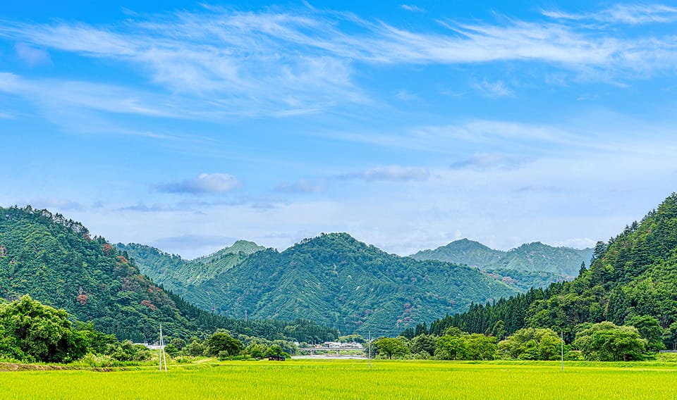 ふるさと納税で寄付のイメージ：山と田園風景